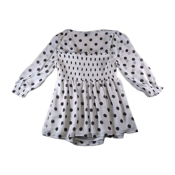 Torrid Size 00 Chiffon Babydoll Smocked Blouse White Black Polka Dot - Picture 3 of 8